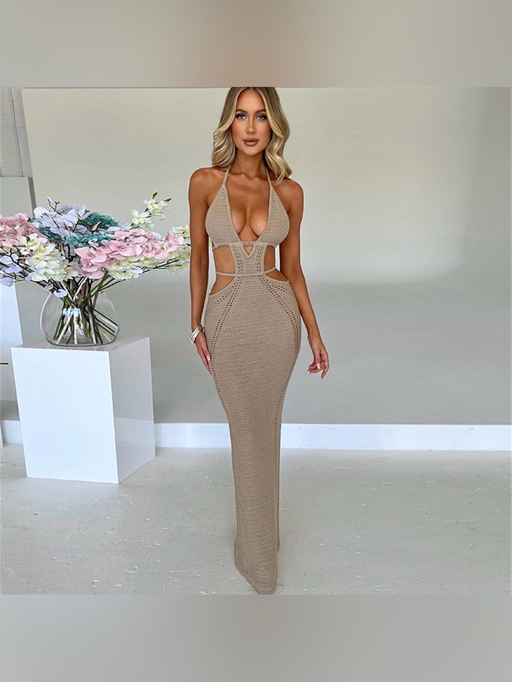 Women Crochet Maxi, Cut OutV Neck Backless Knit Long Dress Summer Party Dresses